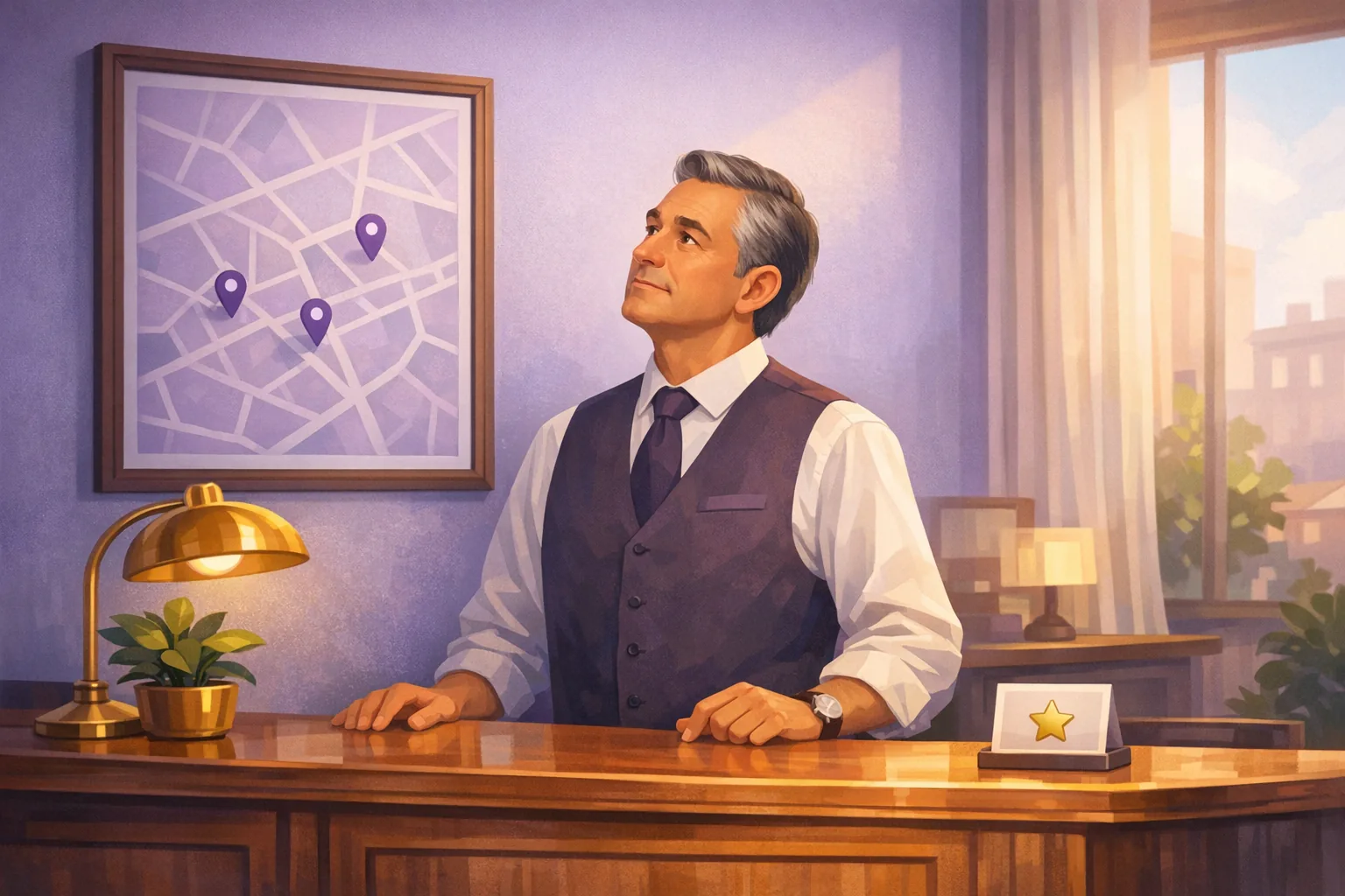Hotel manager at a warm front desk studying a wall panel showing a neighborhood map with location pins