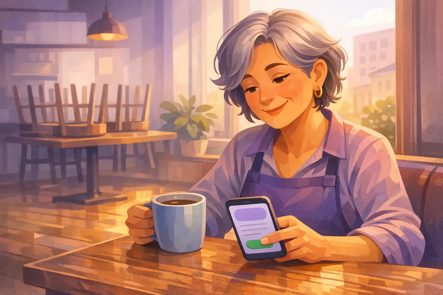 Relaxed restaurant owner with morning coffee approving a review reply on her phone at a sunlit table