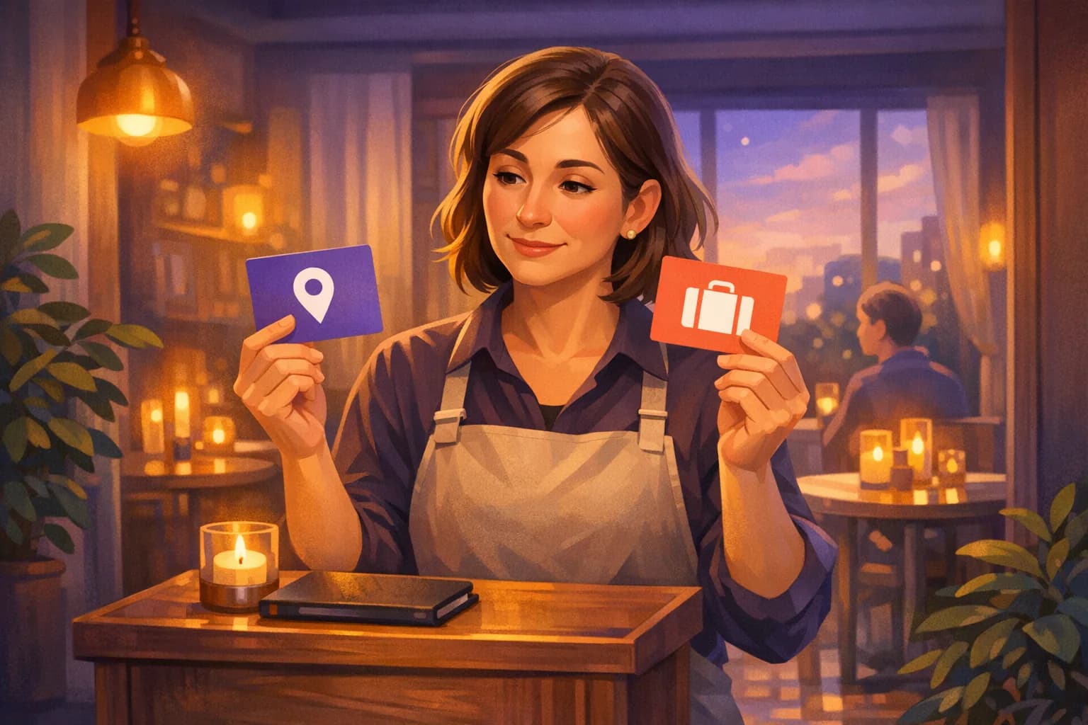 Restaurant owner at her host stand comparing two review platform cards, deciding where to focus her effort