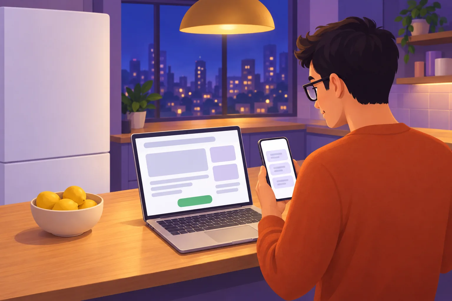 Young man at a kitchen counter at night with an online checkout open on his laptop, checking the company's reviews on his phone