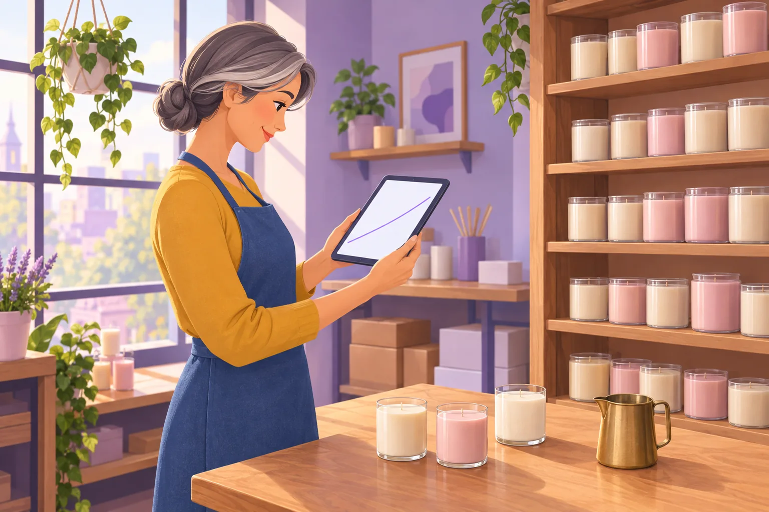 Candle maker in her workshop studying a simple rising line on a tablet, shelves of plain candles behind her