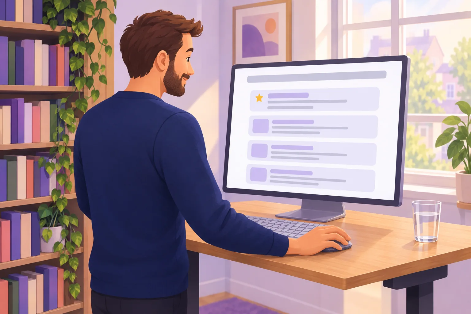 Ecommerce founder at a standing desk reviewing a search results page on his monitor, one result marked with a single gold star badge