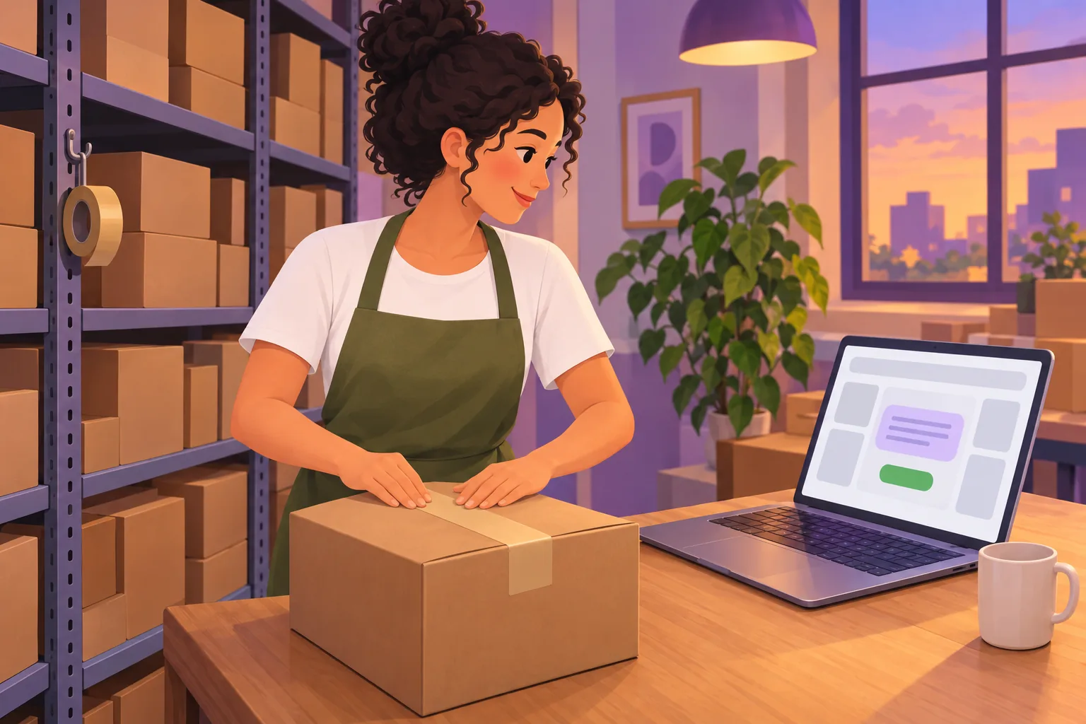 Online shop owner sealing a parcel at her packing bench, a laptop beside her showing a reply ready to approve