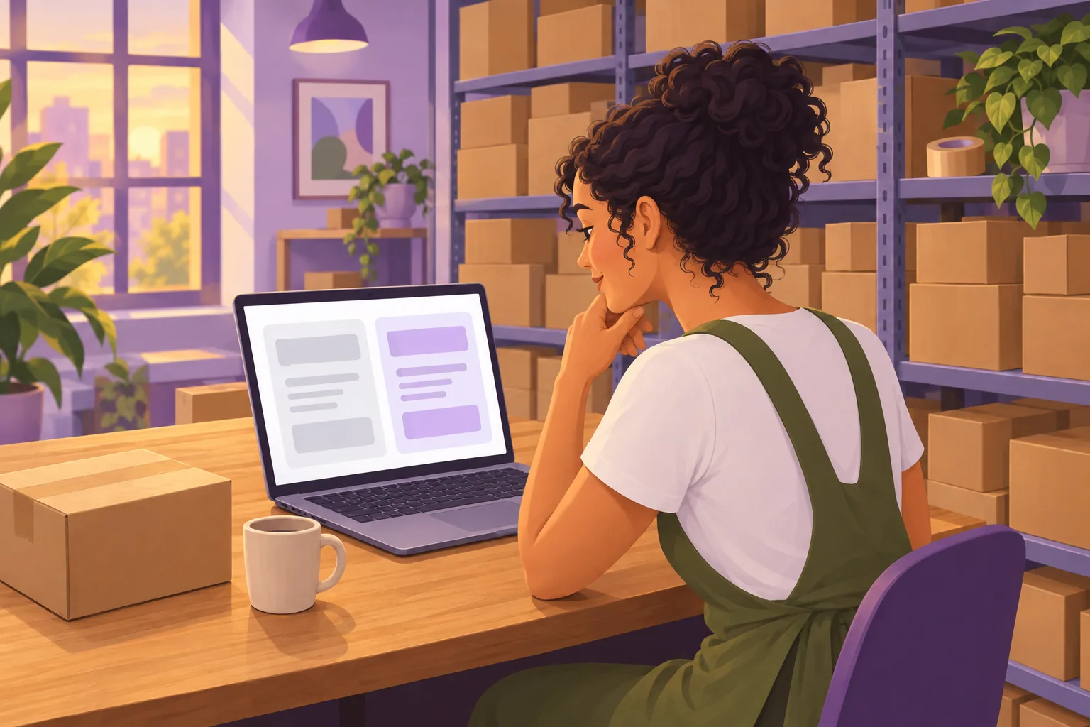Online shop owner at her packing bench comparing two review panels on a laptop, deciding where to focus