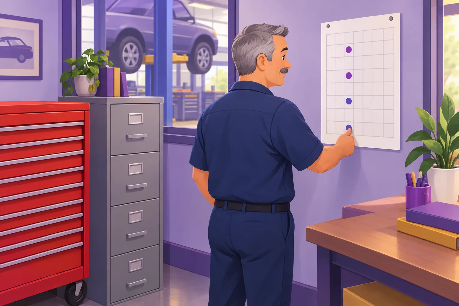 Auto shop owner pressing one round sticker onto a wall calendar, one per week, pleased and unhurried