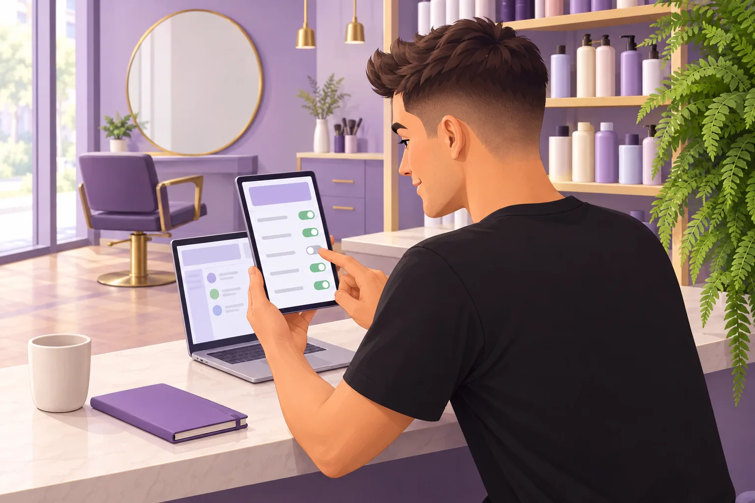 Salon owner at the reception desk flipping a toggle on a short list of notification switches on his tablet