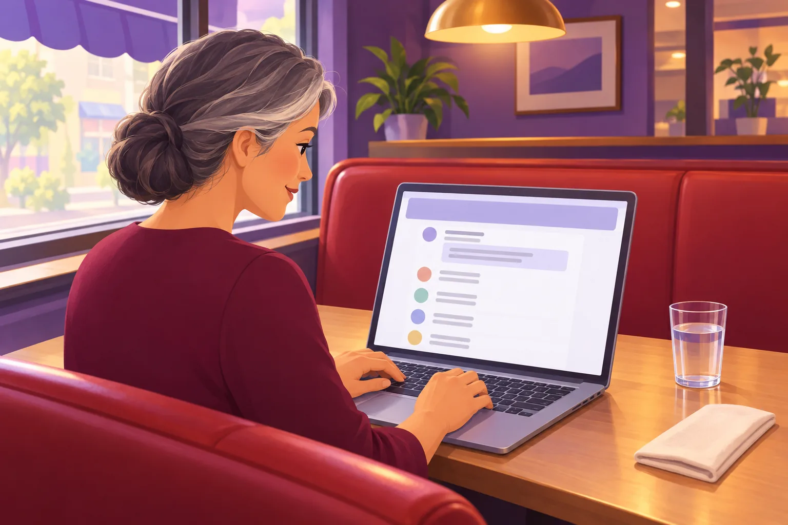 Restaurant owner in a quiet booth between services, typing a short reply under the newest review on her laptop