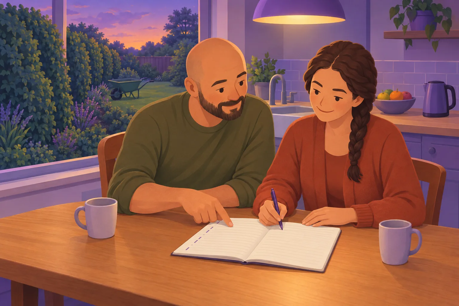 Landscaping couple at their kitchen table filling in one line of a weekly tally in a plain notebook