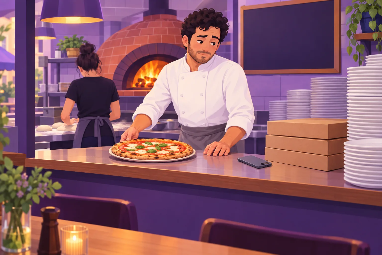 Pizzeria owner at the pass during dinner rush, sliding a pizza across while glancing at his face-down phone