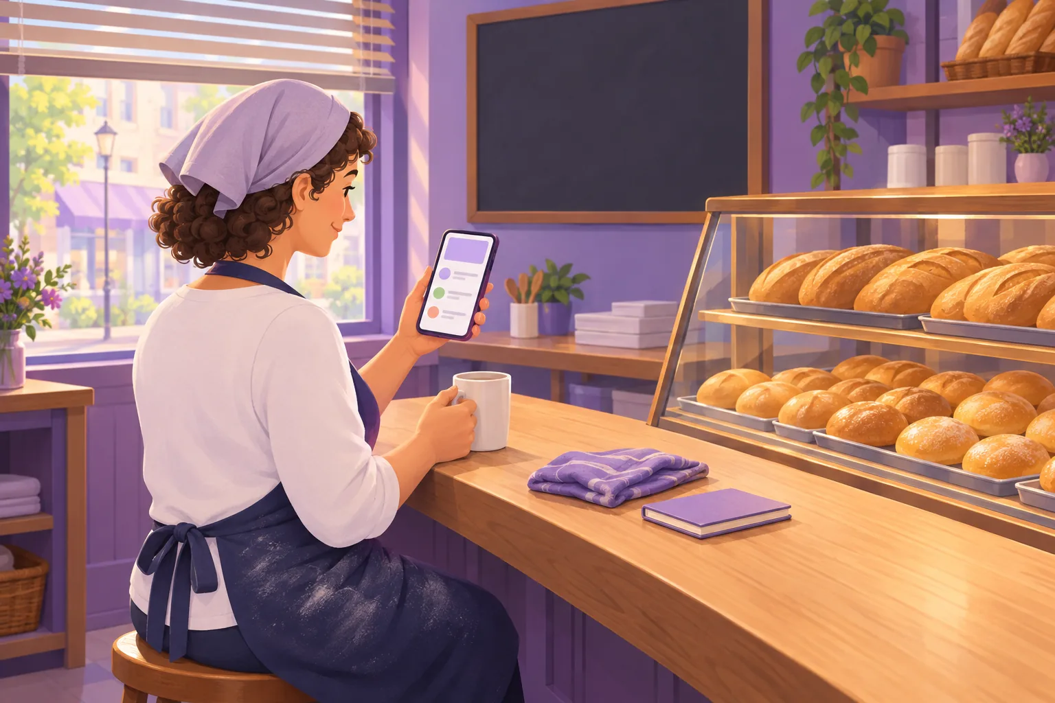 Bakery owner on a stool before opening, coffee in hand, scrolling a short list of new reviews on her phone