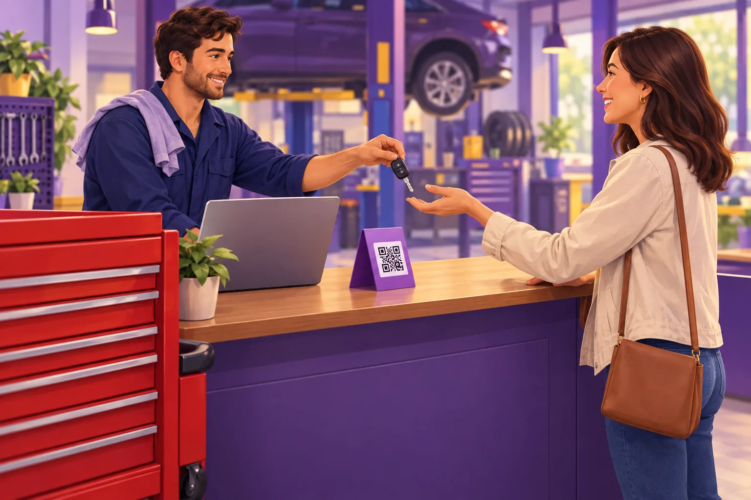 Mechanic handing car keys back to a smiling customer across an auto shop service desk with a review QR code counter card between them