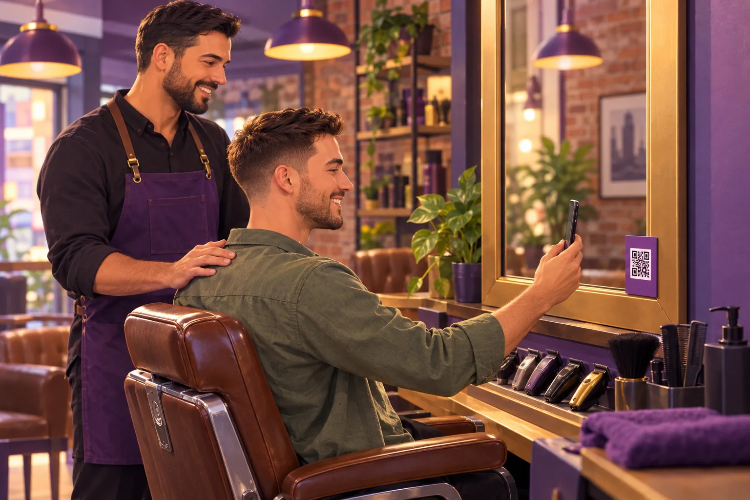 Barber turning a client toward the mirror where a small review QR code card sits as the client scans it