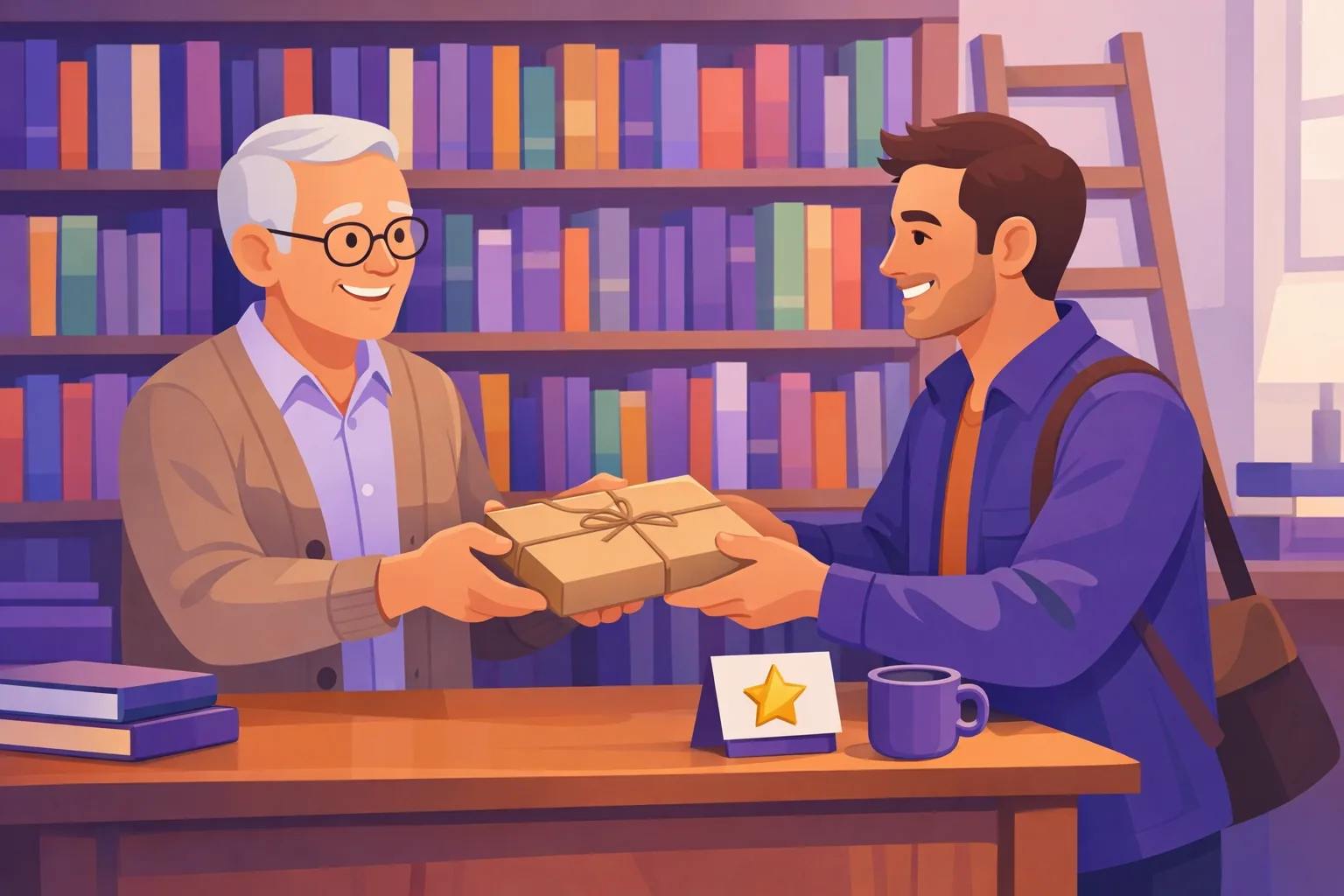 Bookshop owner and customer sharing a warm goodbye at the counter, the moment an ask should happen passing by