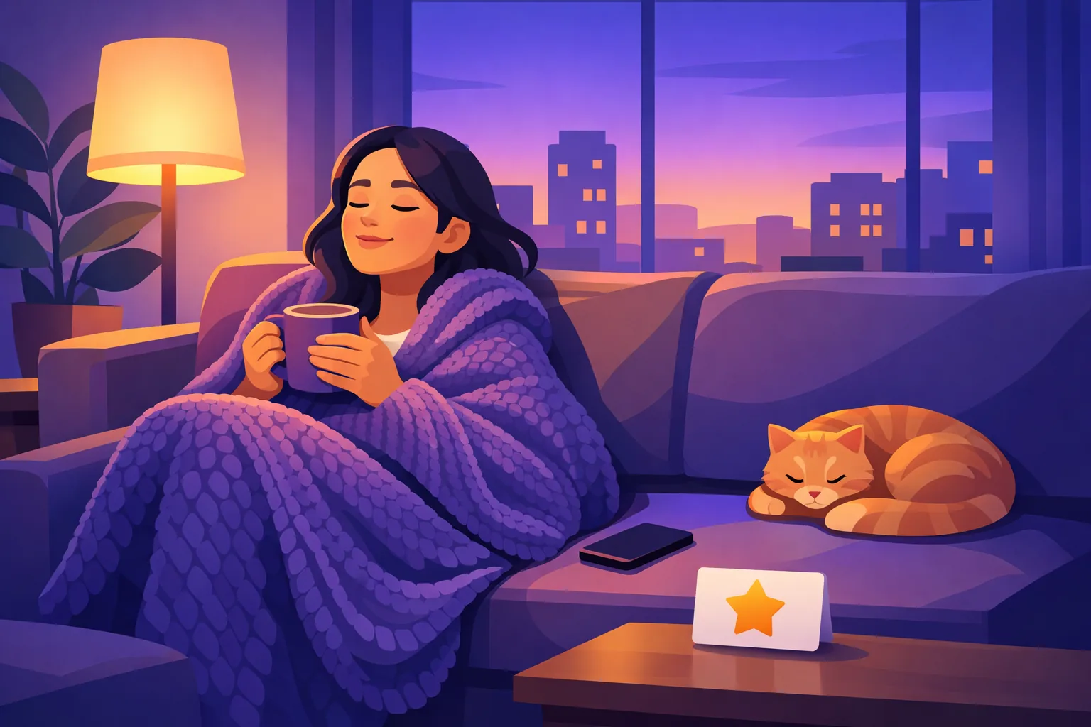 Woman relaxing on her couch at home in the evening, phone face-down beside her, the review she meant to write forgotten