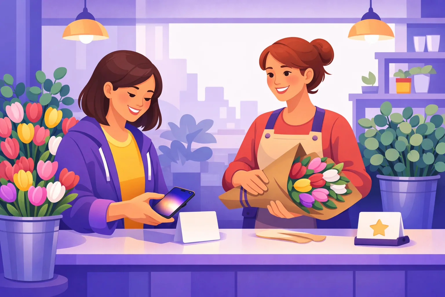 Customer at a florist counter happily scanning a small blank card with her phone while the florist wraps a bouquet
