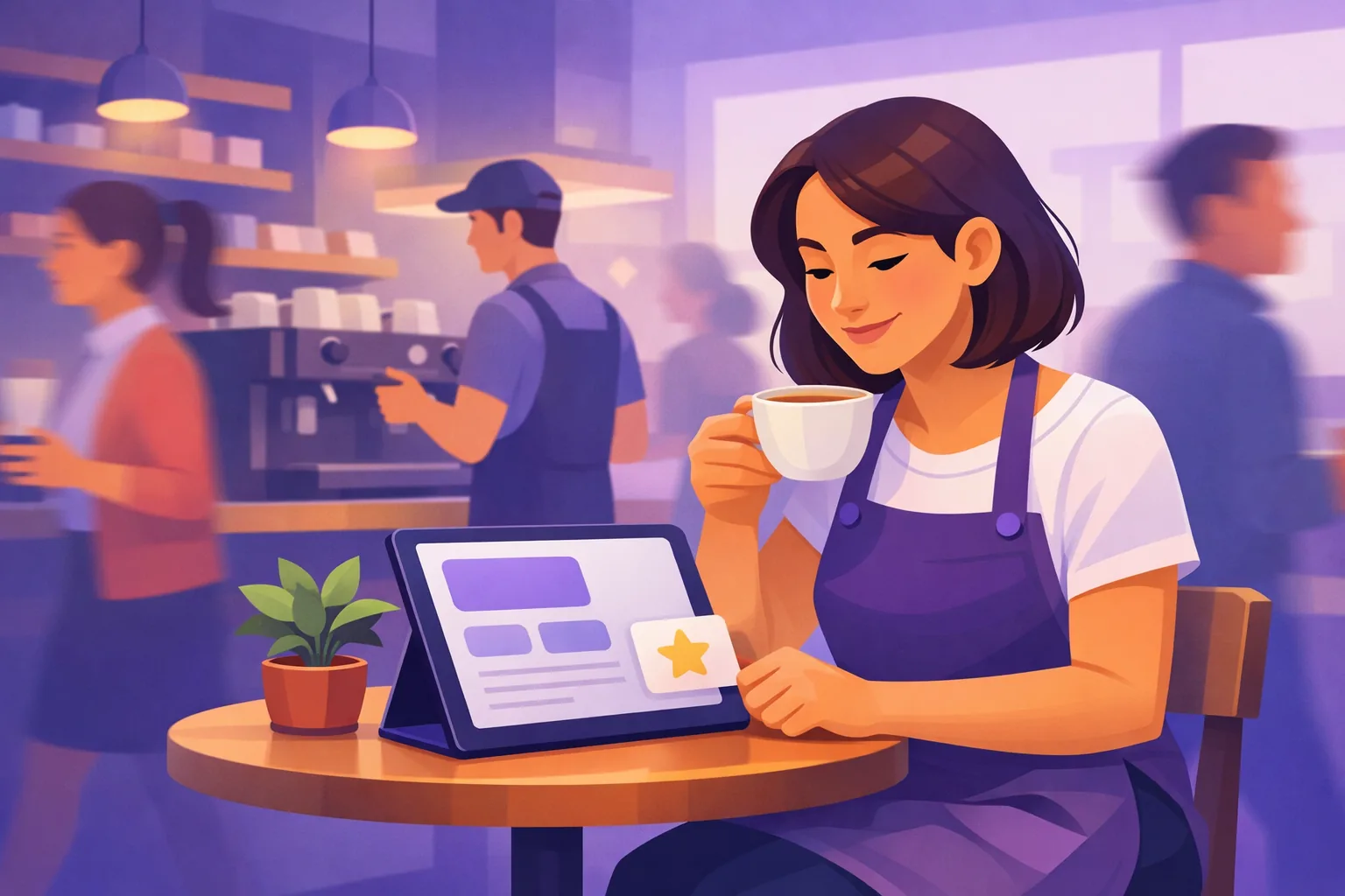 Cafe owner at a corner table reviewing her tablet with a satisfied smile as the morning rush hums behind her