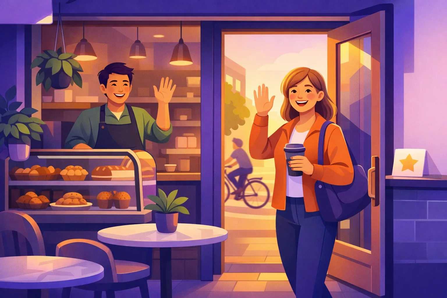 Cafe owner waving goodbye to a delighted customer who leaves happy but will never think to write a review