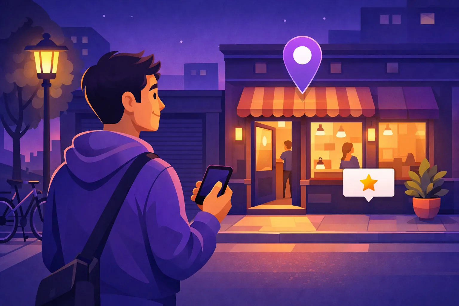 Evening customer choosing the shop that is still open and glowing