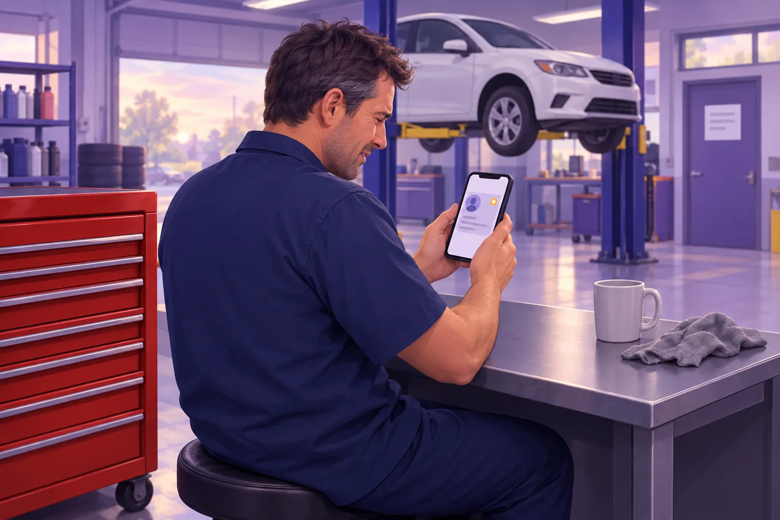 Mechanic at his shop desk early in the morning wincing at a one-star review on his phone
