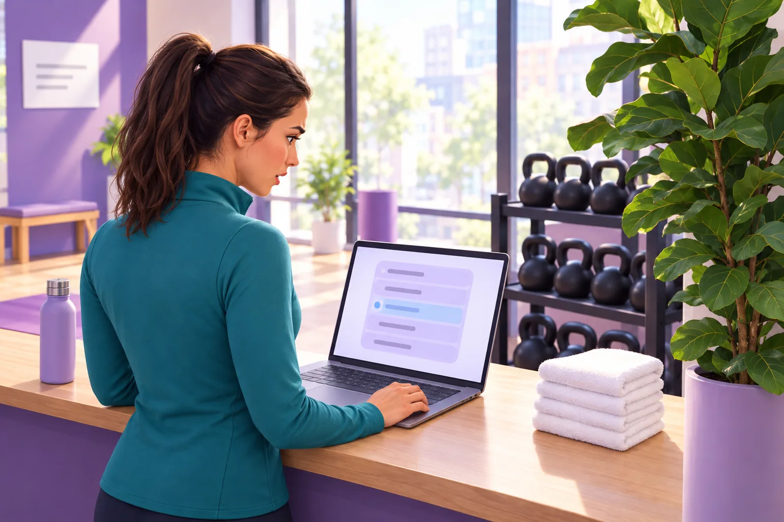 Gym owner at her front desk frowning at her laptop, where one row of her profile settings has turned blue