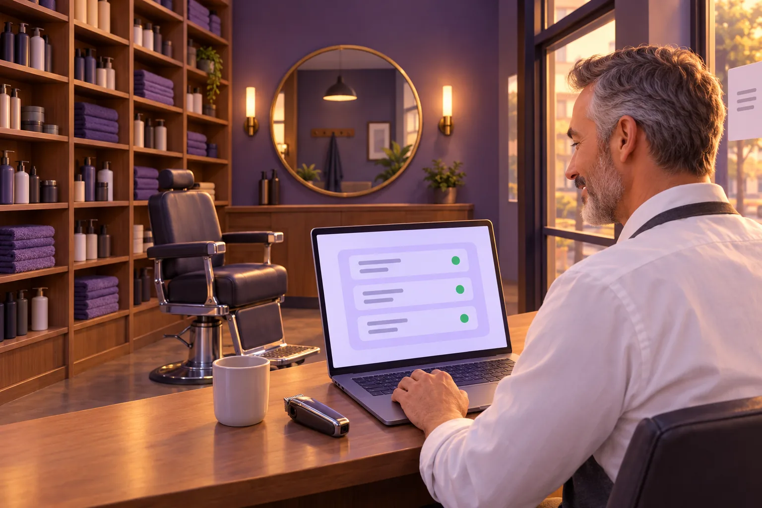 Barber at his reception counter after closing, smiling with relief at a laptop showing three locations each marked with a green dot