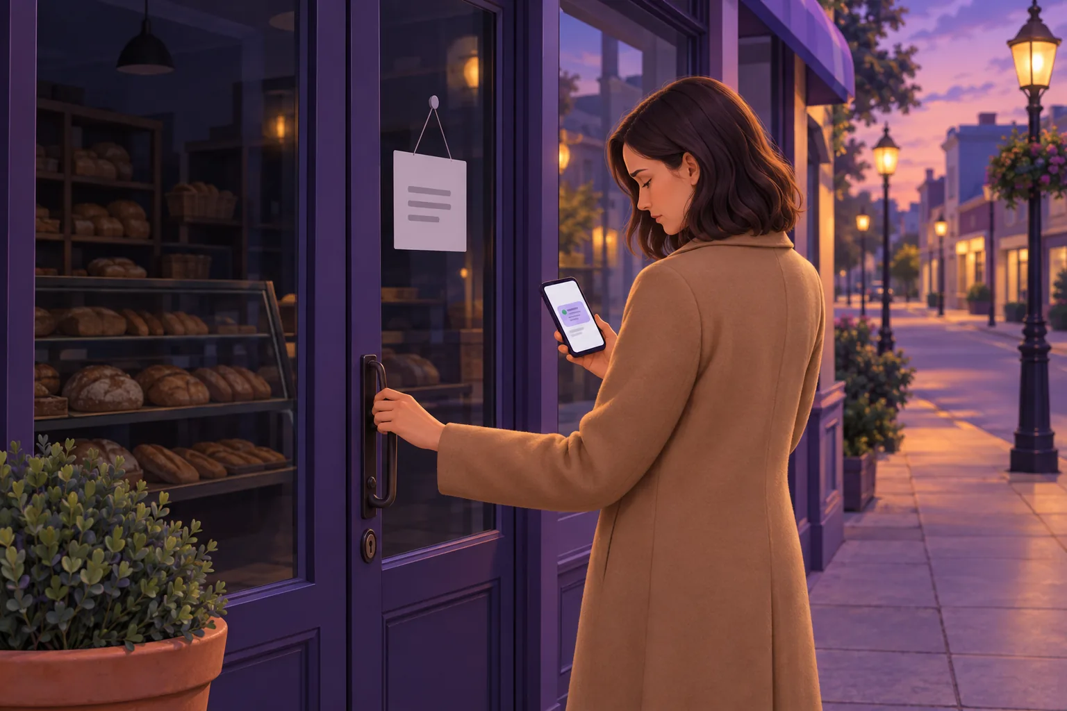 Customer standing at the locked door of a dark bakery at dusk, looking down at her phone, which still shows the shop as open