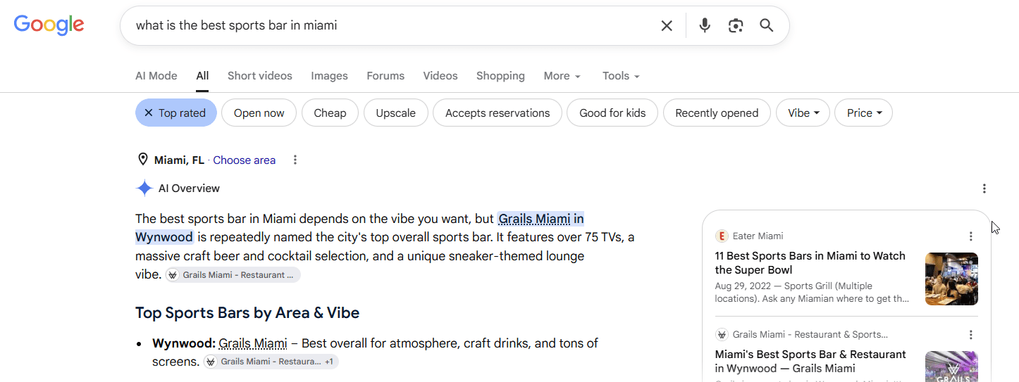Google AI Overview answering what is the best sports bar in miami by naming Grails Miami in Wynwood as the city’s top overall sports bar