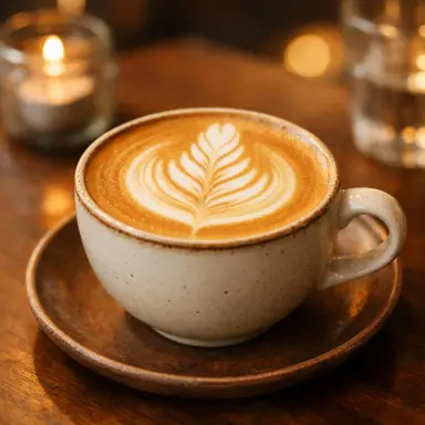 Latte with poured art on a cafe table