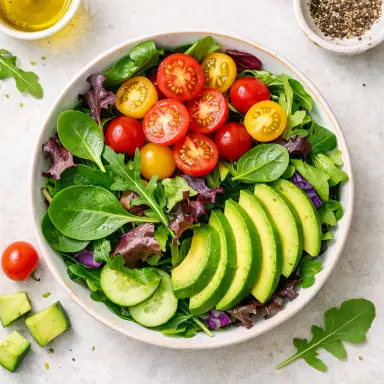 Garden salad plated with fresh greens